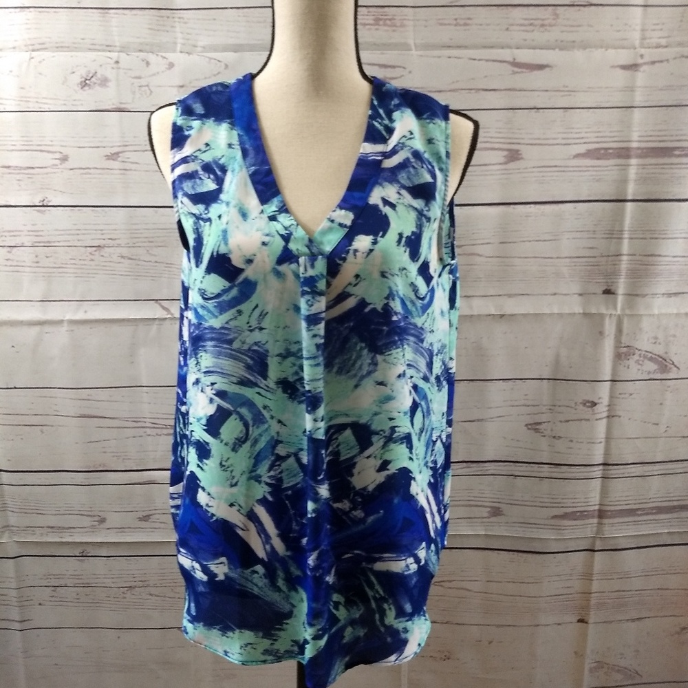 Rose & Olive Aqua & Blue Watercolor Sleeveless Top